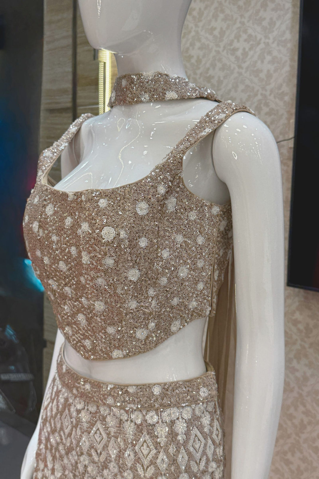 Beige Sequins, Stone and Thread work Crop Top with Palazzo Pant