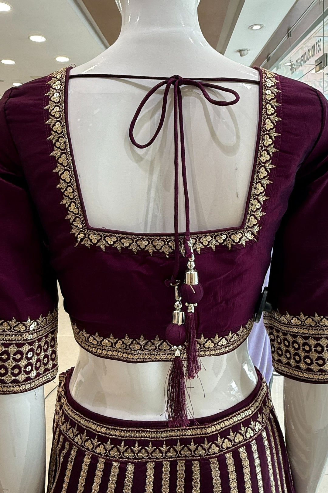 Wine Sequins and Zari work Crop Top Lehenga