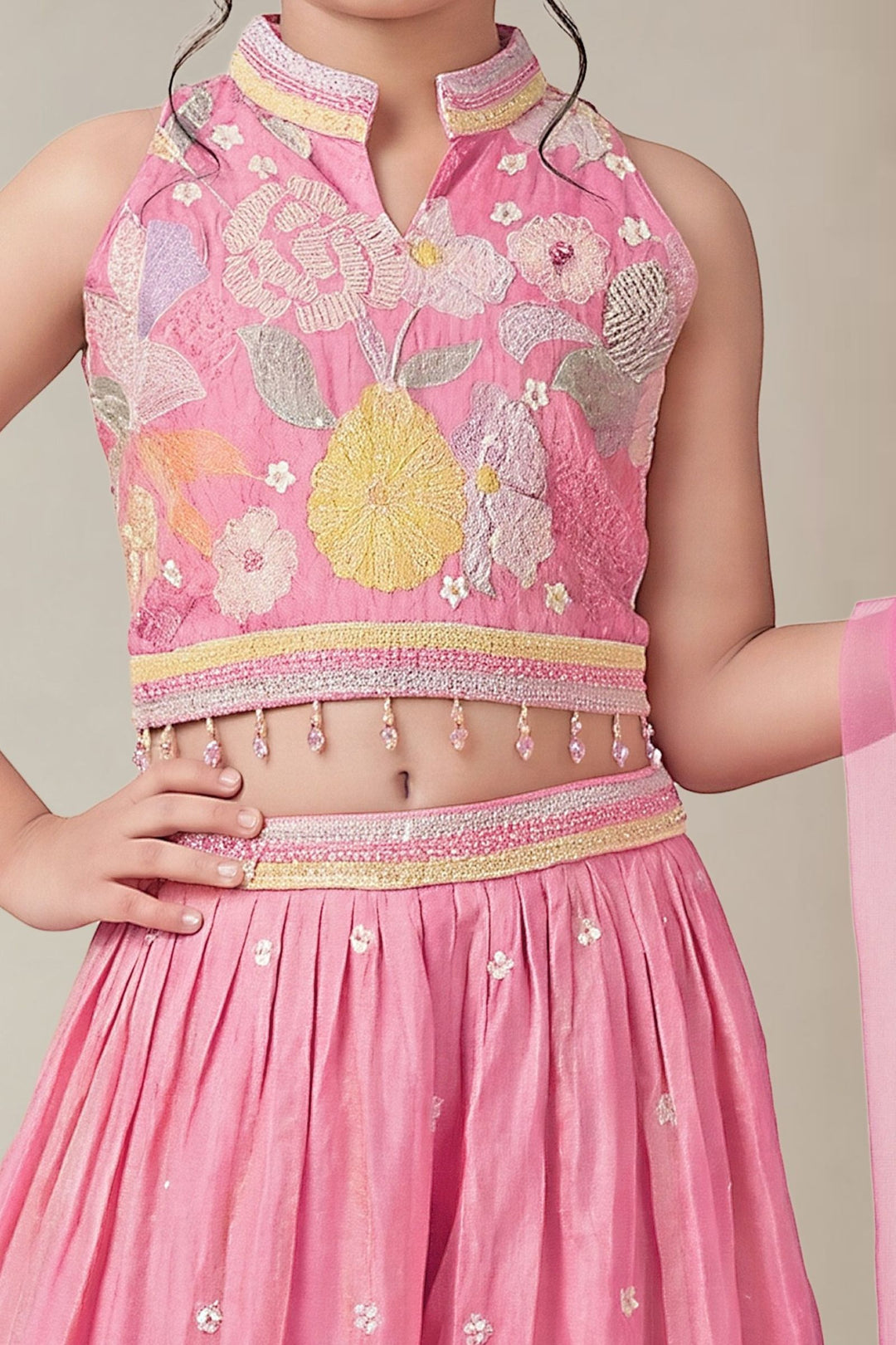 Pink Floral Embroidered Lehenga Set with Matching Dupatta for Girls