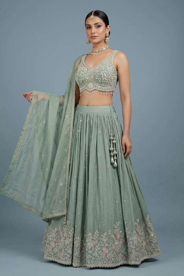 Sea Green Mirror, Stone, Zardozi, Beads and Embroidery work Lehenga