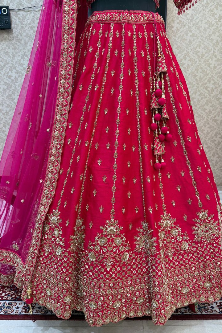 Rani Pink Beads, Zari, Zardozi and Sequins work Crop Top Designer Bridal Lehenga with Belt