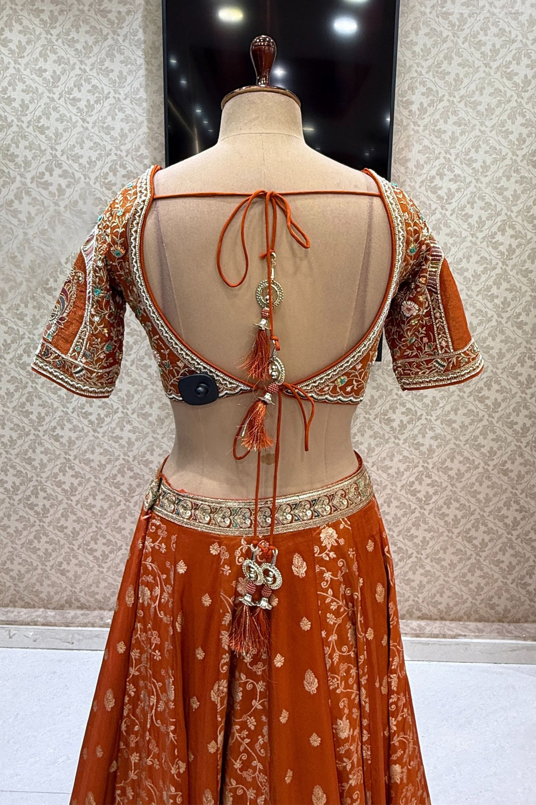 Orange Zari, Sequins, Beads and Multicolor Thread work Crop Top Lehenga