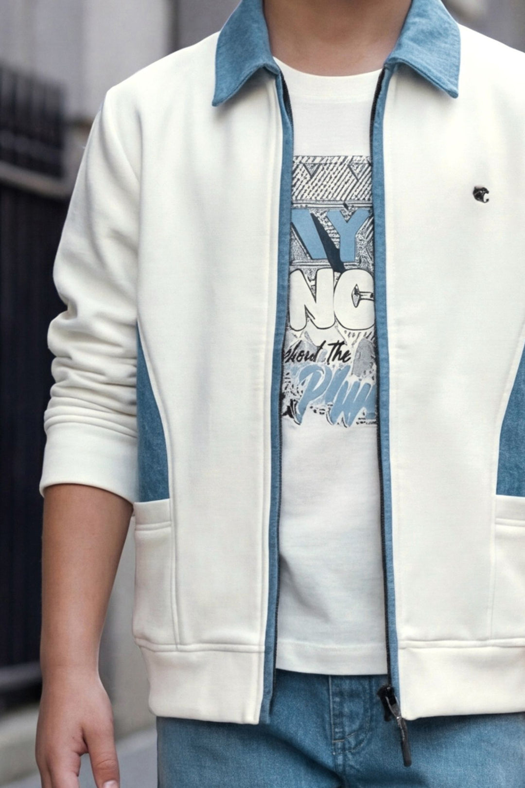 White with Blue Blazer, Printed T-Shirt and Pant Set for Boys