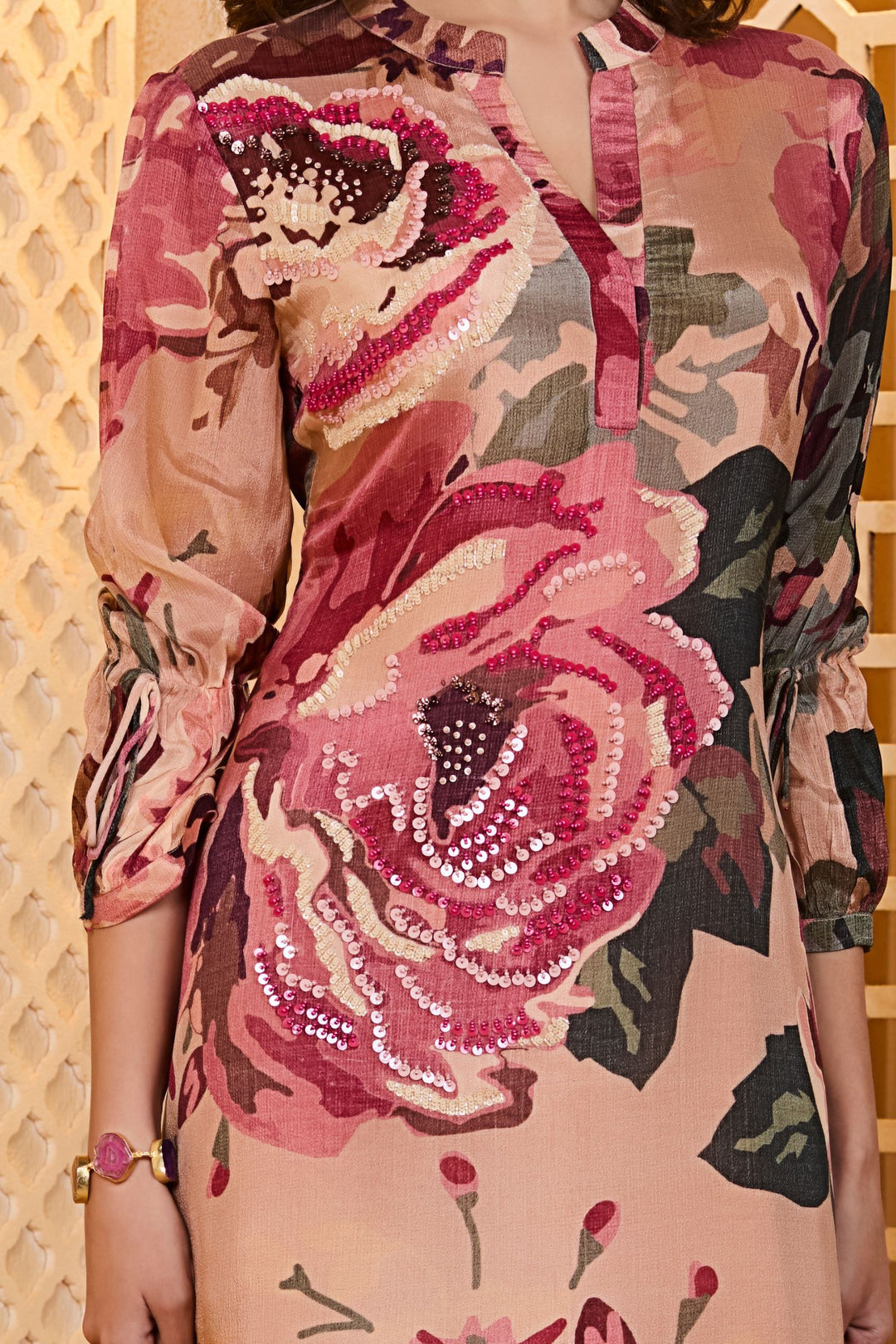 Peach Sequins and Beads work with Digital Print Anarkali Styled Long Kurti