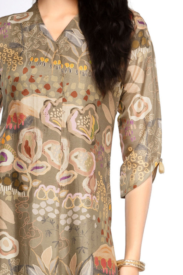 Pastel Green with Multicolor Digital Print and Stone work Calf Length Kurti