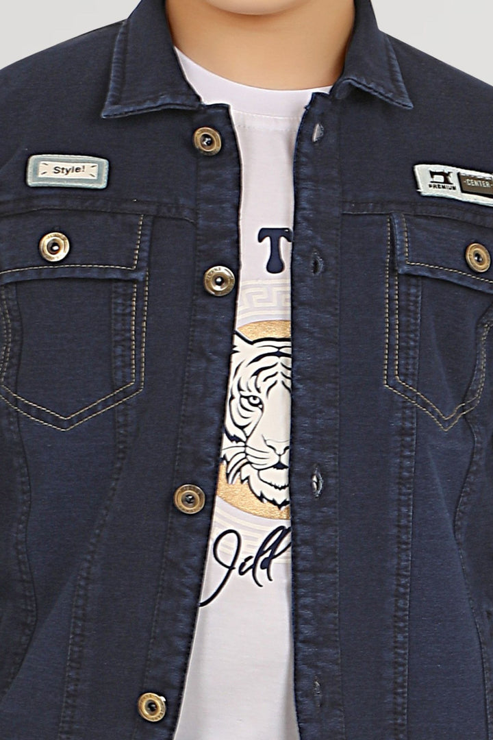 Indigo Blue with White Printed Blazer, T-Shirt and Pant Set for Boys