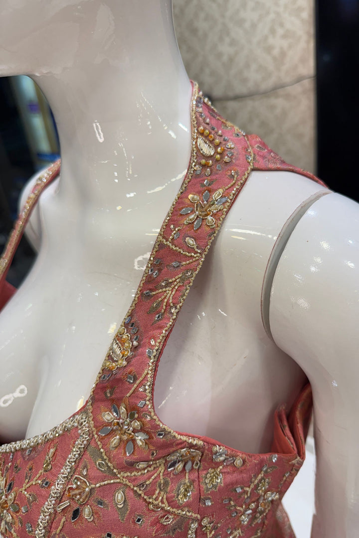 Peach Halter Neck Palazzo Salwar Suit with Multicolor Brocade and Sequins Detailing