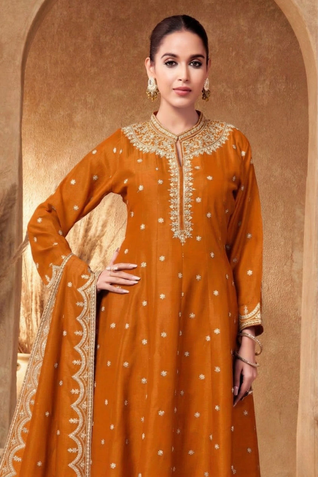 Orange Zari, Zardozi, Sequins and Stone work A-line Cut Salwar Suit
