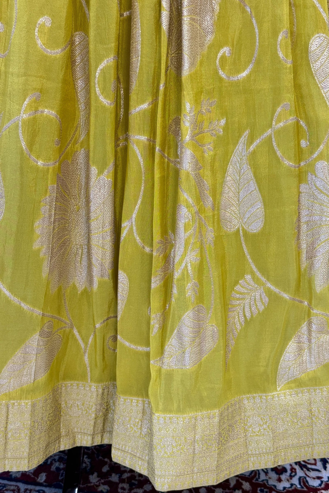 Parrot Green with Liril Green Beads, Sequins, Zardozi and Banaras work Crop Top Lehenga