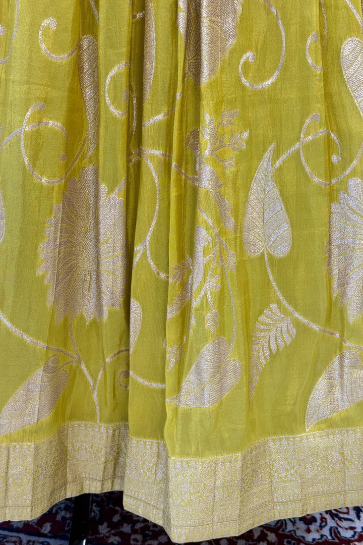 Parrot Green with Liril Green Beads, Sequins, Zardozi and Banaras work Crop Top Lehenga