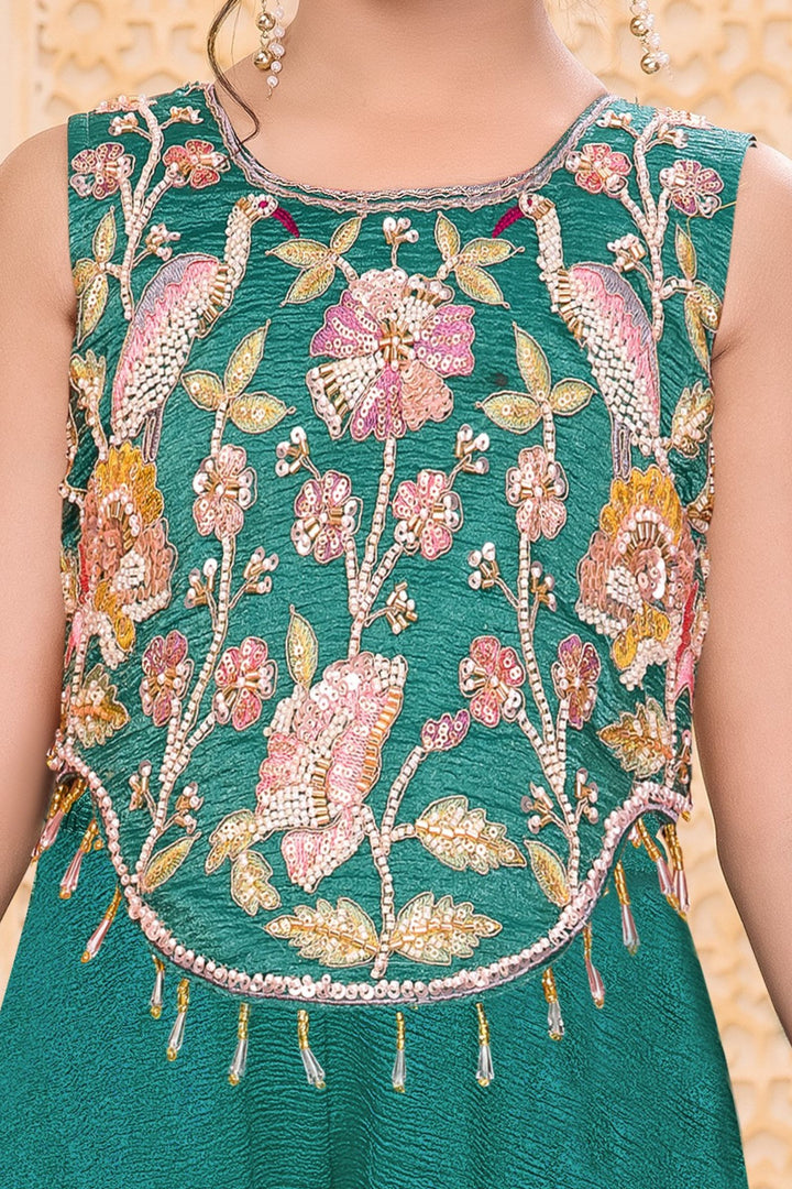 Sea Green Beads, Zari and Multicolor Thread work Palazzo Suit Set for Girls