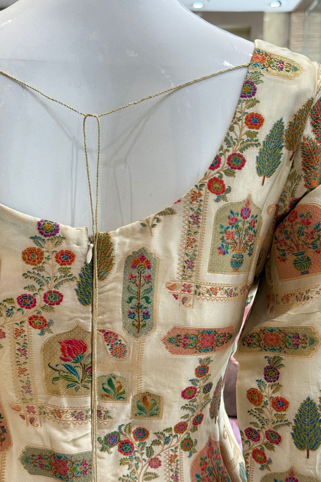 Beige Beads, Mirror, Zardozi and Banaras work Palazzo Salwar Suit