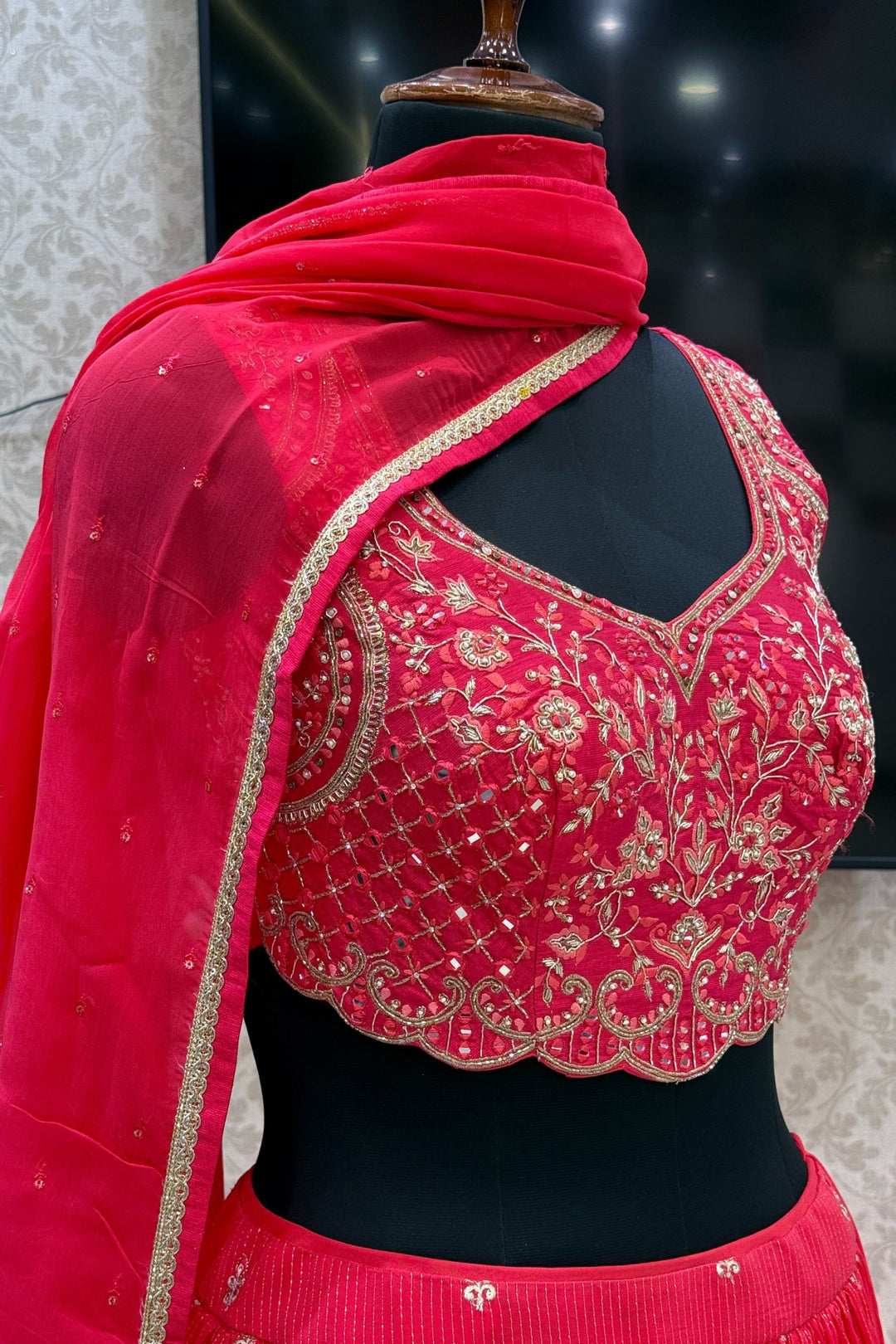 Red Mirror, Zardozi, Beads, Thread, Stone, Zari and Sequins work Crop Top Lehenga