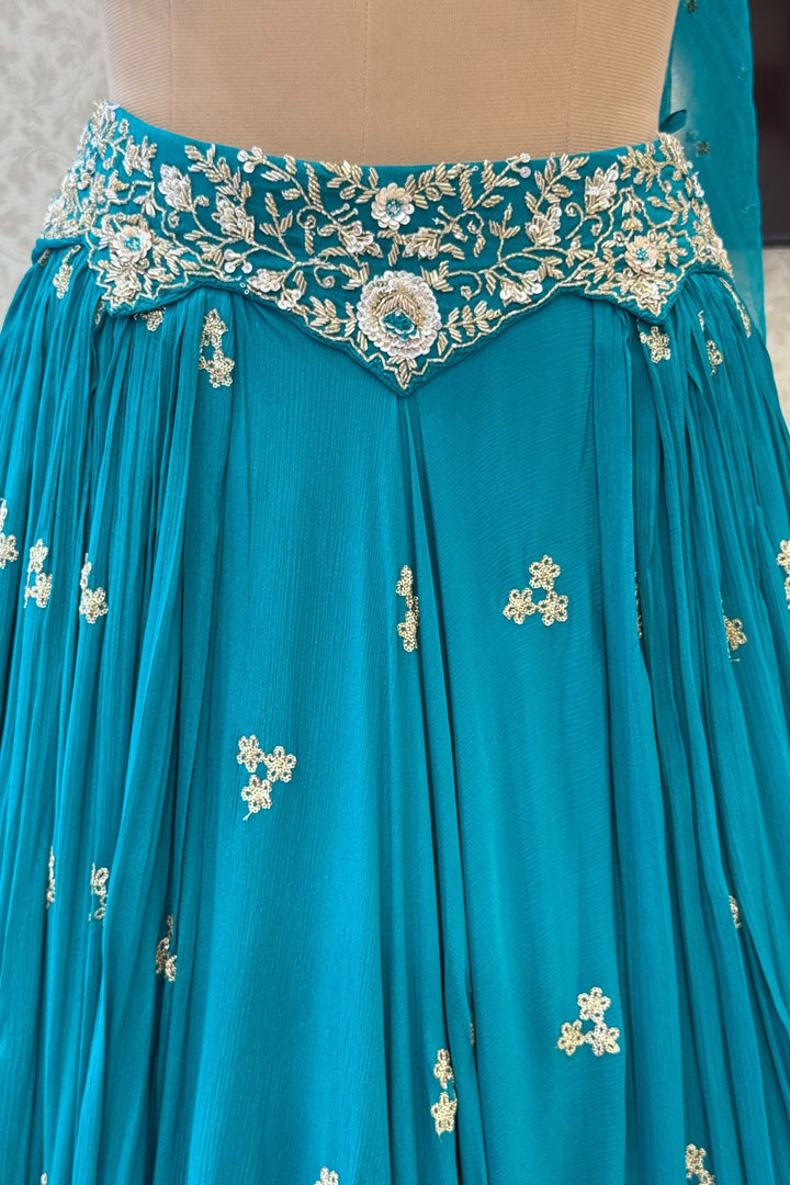 Rama Blue Sequins, Beads, Mirror, Zardozi and Zari work Crop Top Lehenga