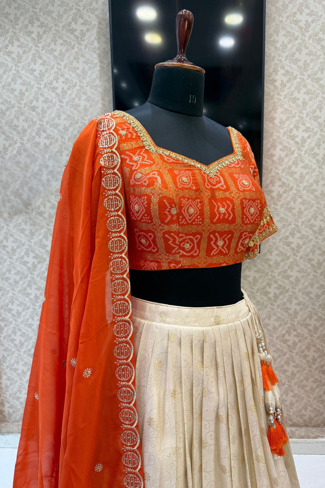 Orange with Cream Banaras, Zardozi, Sequins, Beads and Zari work Crop Top Lehenga