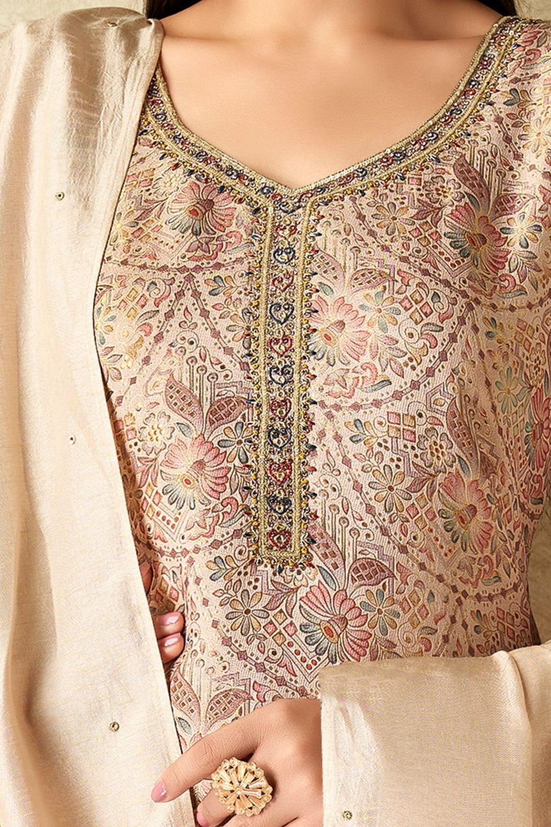 Beige Brocade, Mirror, Zardozi and Sequins work with Digital Print Straight Cut Salwar Suit