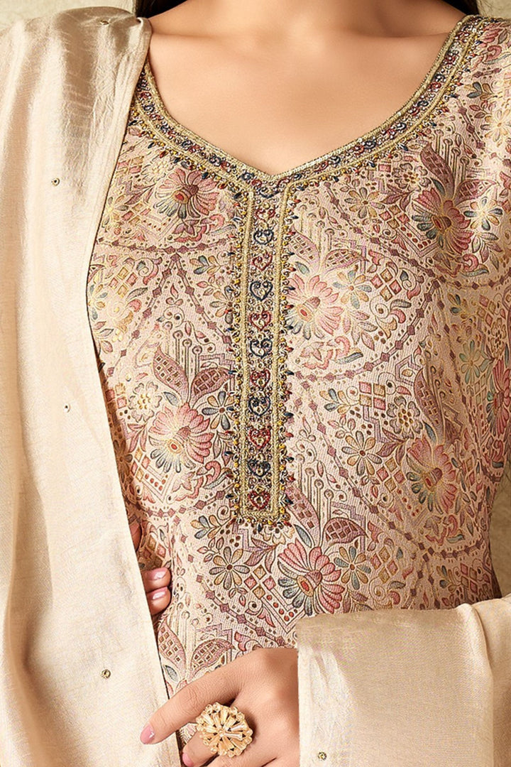 Beige Brocade, Mirror, Zardozi and Sequins work with Digital Print Straight Cut Salwar Suit