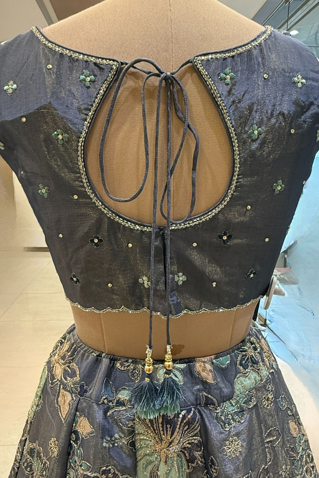 Grey Beads, Sequins, Zardozi and Multicolor Thread work with Digital Print Crop Top Lehenga