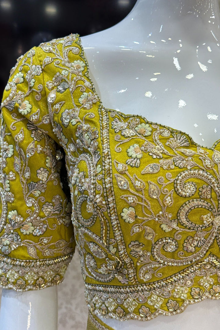 Pista Green Saree with Beads, Sequins, Zardozi and Zari work Readymade Blouse