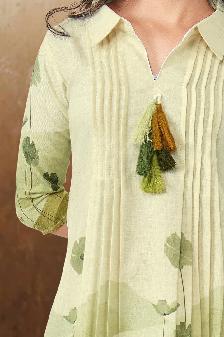 Cream with Green Digital Print Co-ord Set for Girls