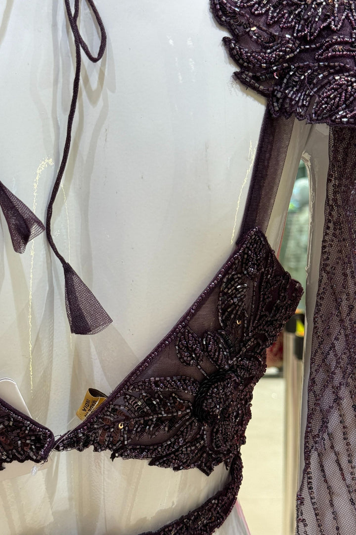 Wine Indo-Western Styled Beads and Sequins work Crop Top and Cowl Skirt