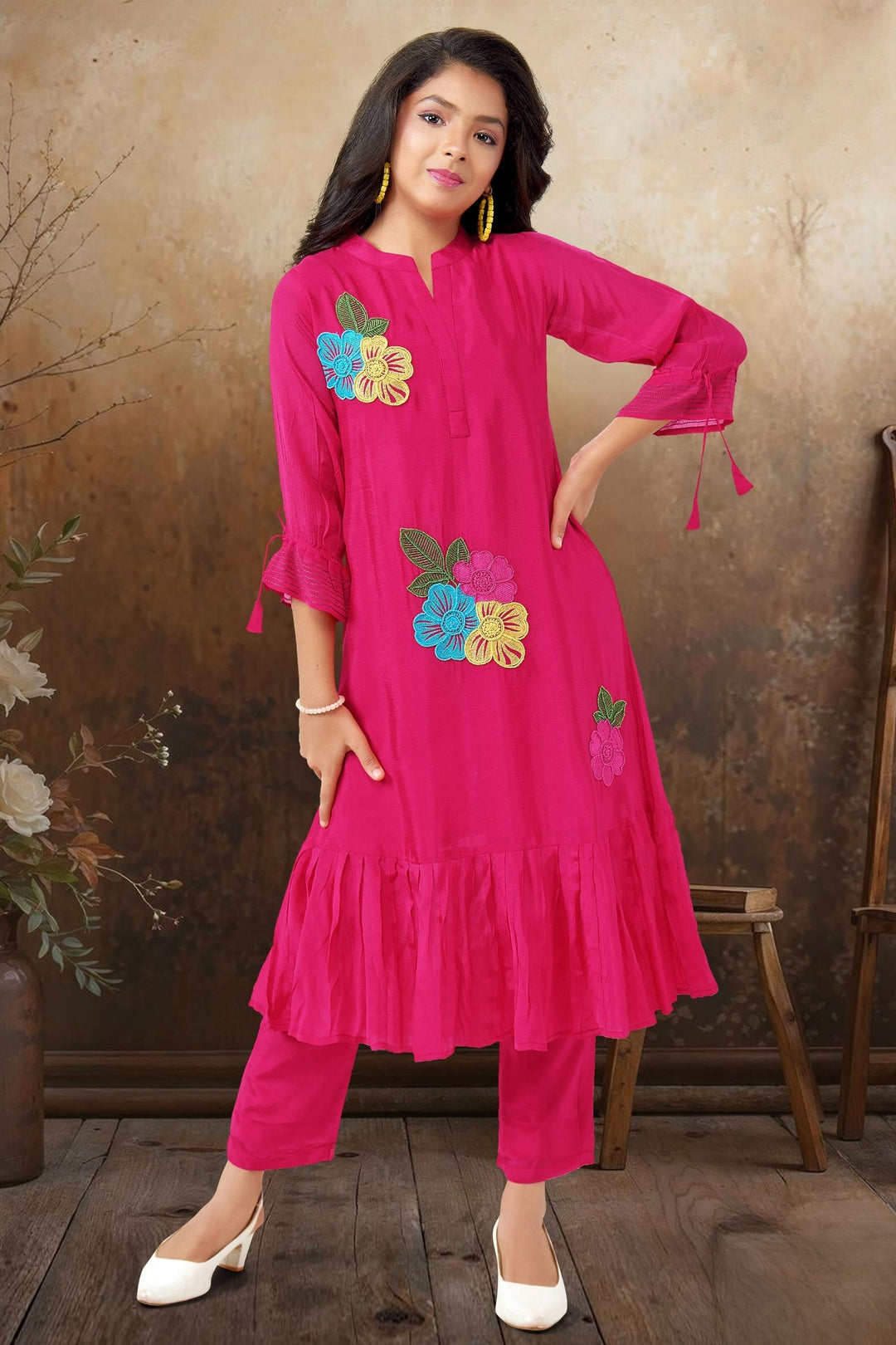 Rani Pink Multicolor Embroidery and Beads work Casual Kurti for Girls