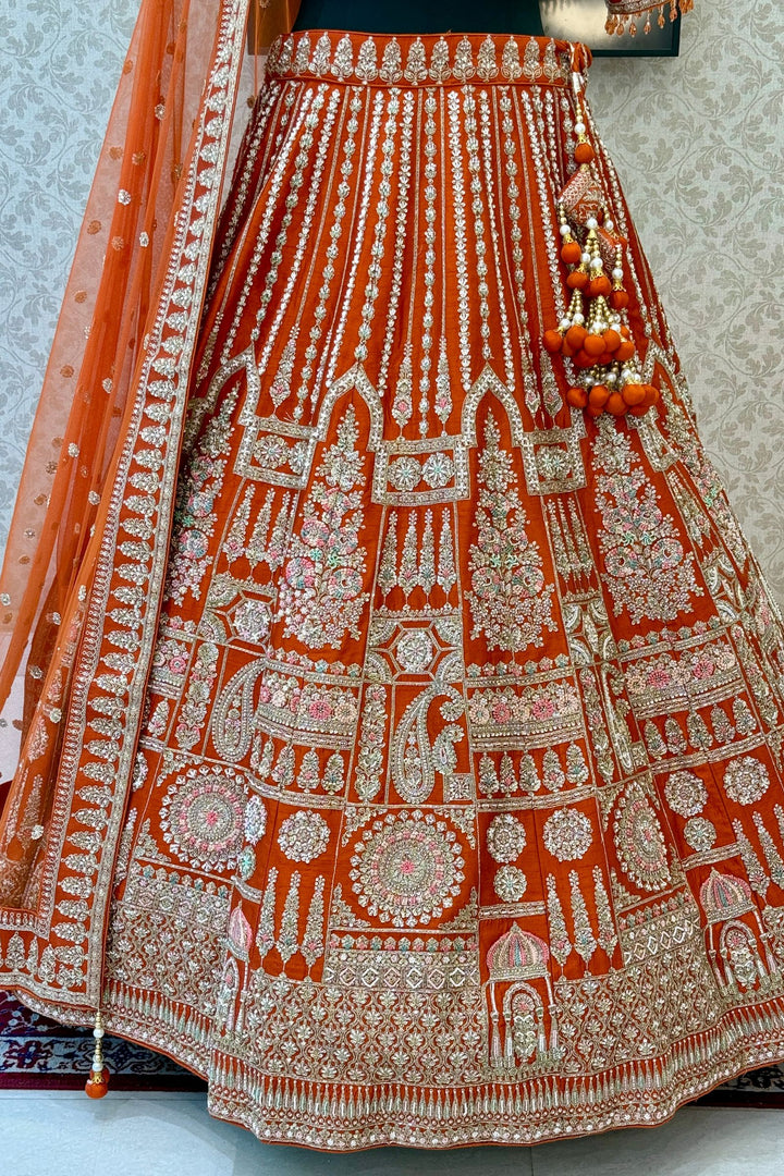 Rust Handworked Zardozi, Sequins, Pearl and Beads work Crop Top Designer Bridal Lehenga
