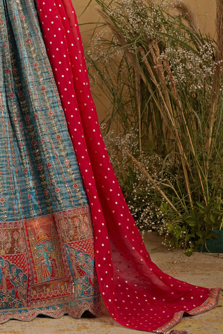 Green Mirror, Thread, Beads, Zari and Stone work Lehenga Choli for Girls