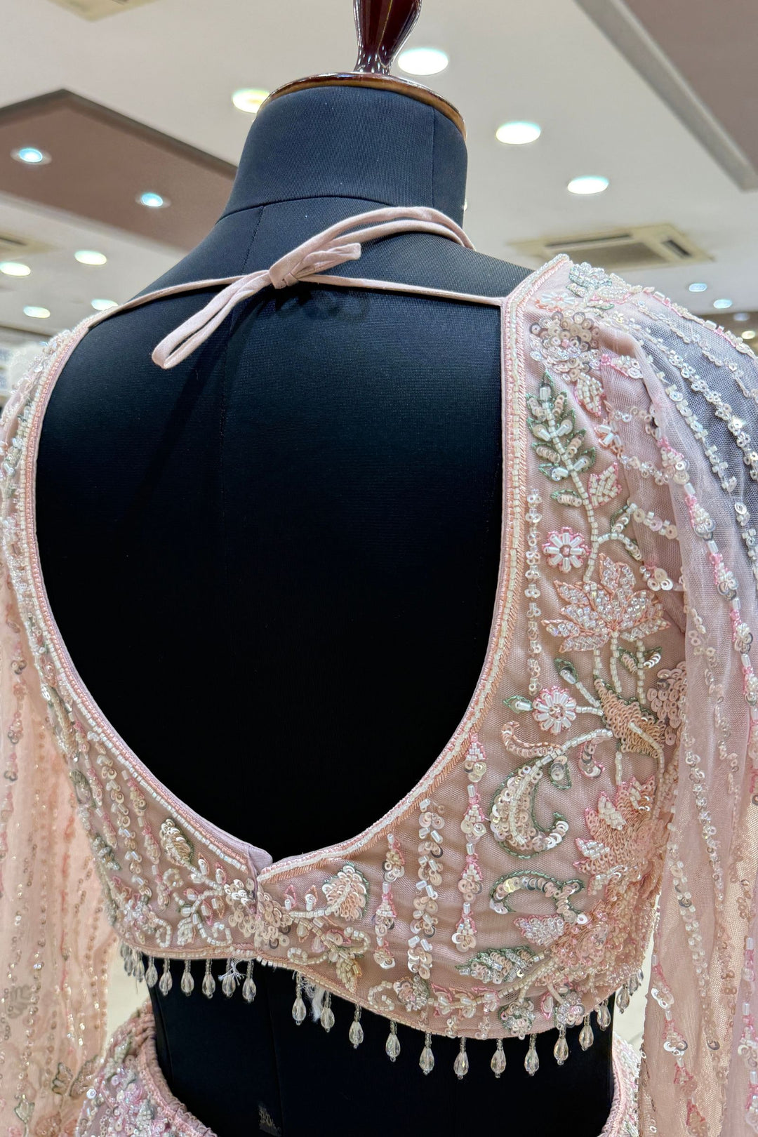 Baby Pink Sequins, Beads and Zari Thread work Crop Top Designer Bridal Lehenga