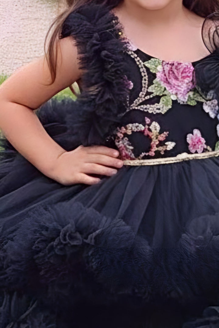 Black Sequins and Zari work Tail Cut Double Layered Partywear Frock for Girls