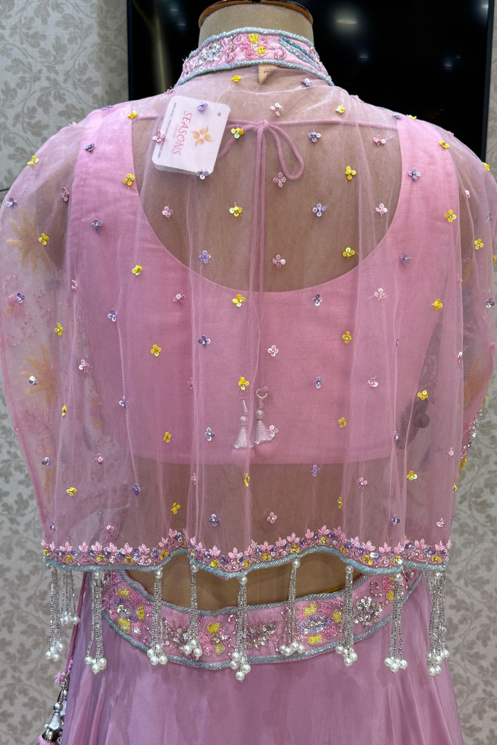 Light Pink Beads, Sequins and Stone work with Poncho Crop Top Lehenga