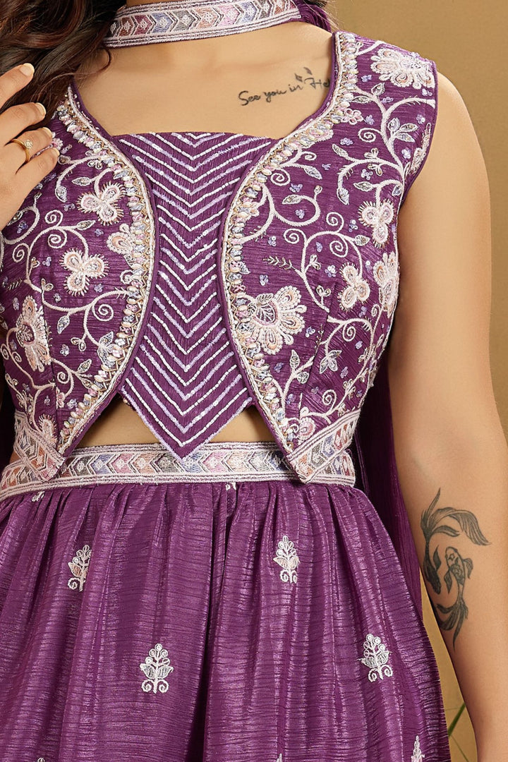 Purple Beads, Stone, Sequins and Multicolor Thread work Choli and Palazzo Set for Girls