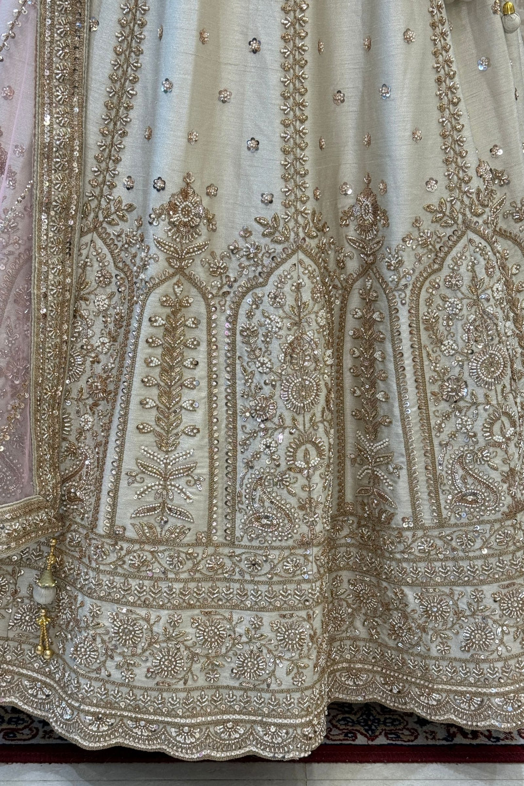 Designer Wedding Lehenga in Cream with Beads, Zari and Sequins Work