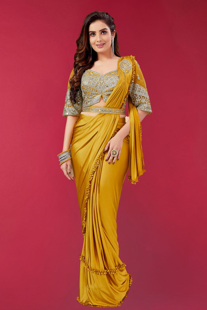 Yellow Readymade Fancy Saree with Readymade Blouse with Belt