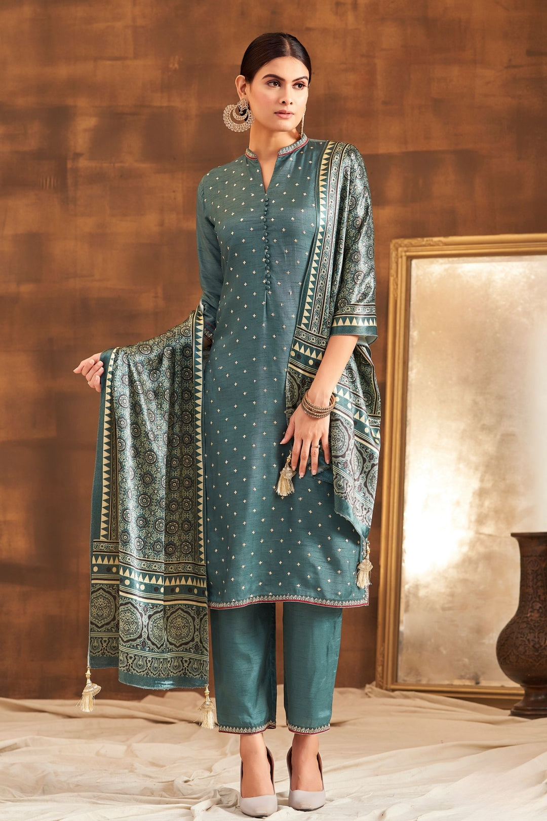 Pastel Blue Sequins and Thread work Straight Cut Salwar Suit with Kalamkari Print Dupatta