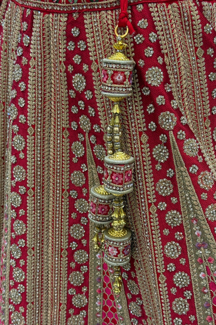 Designer Bridal Red Lehenga with Rich Multicolor Embroidery, Stone and Mirror Work