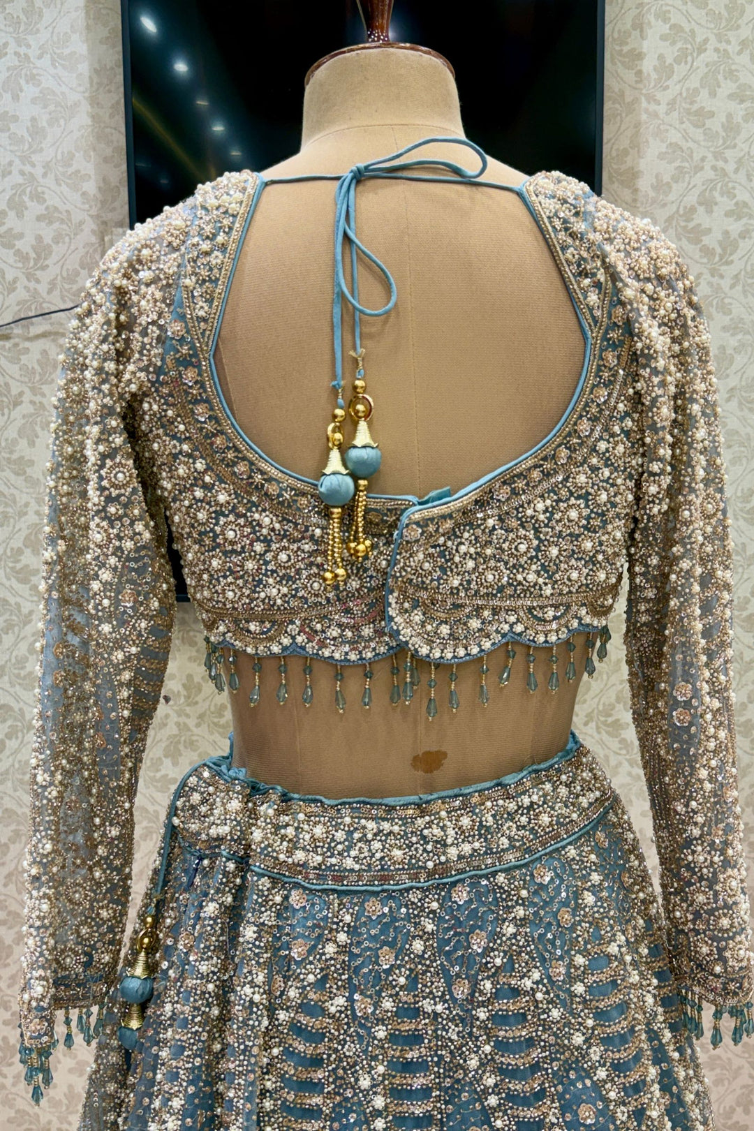 Sea Blue Bridal Lehenga with Intricate Beads, Pearl and Sequins Work