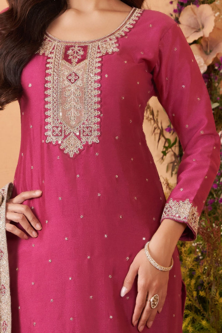 Magenta Sequins, Zari and Thread work Straight Cut Salwar Suit