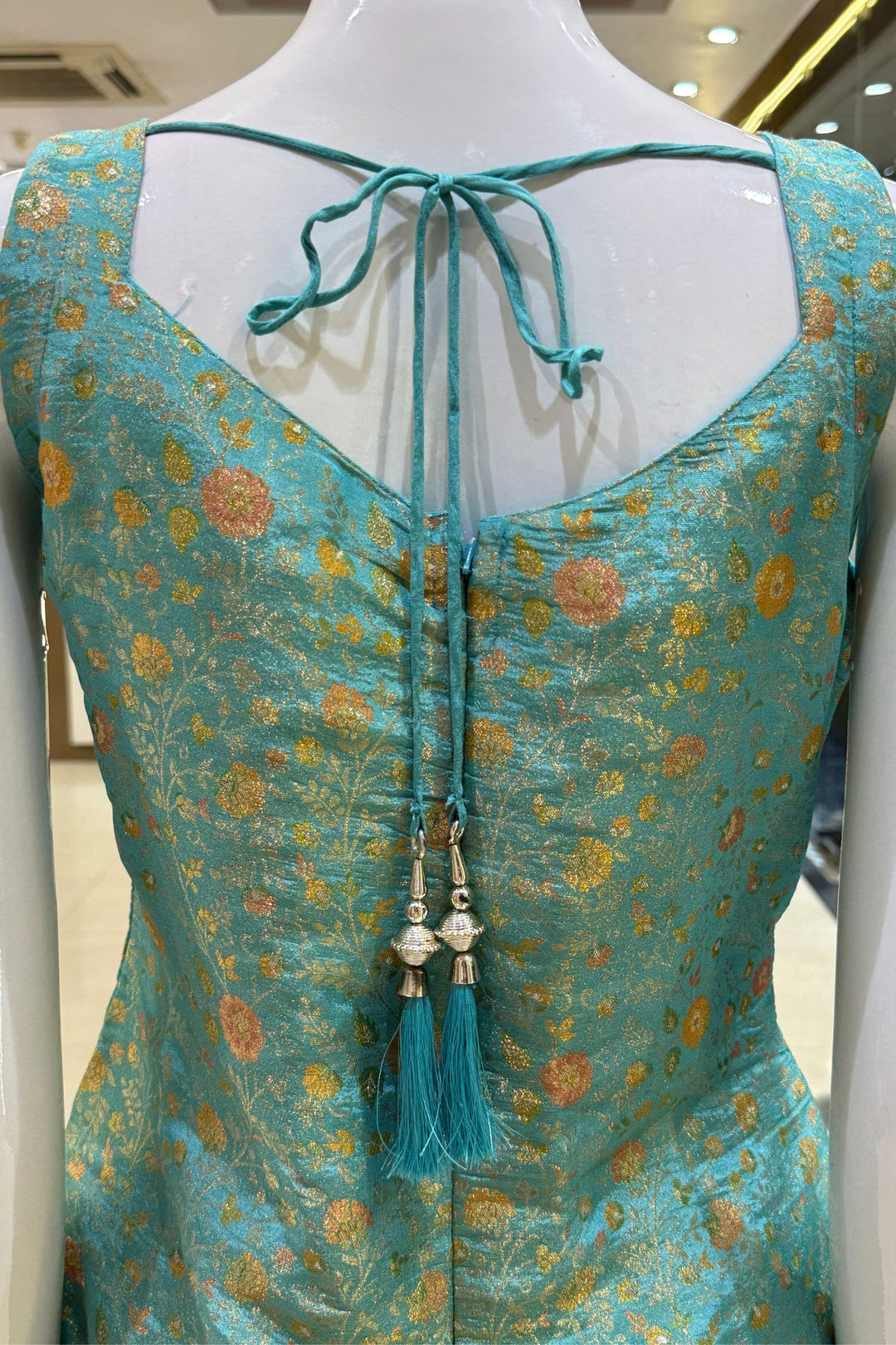 Sea Green Mirror, Zardozi, Stone, Beads and Brocade work Straight Cut Salwar Suit