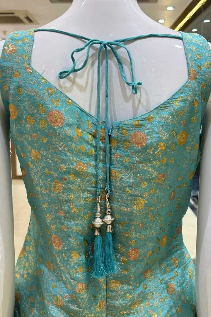 Sea Green Mirror, Zardozi, Stone, Beads and Brocade work Straight Cut Salwar Suit