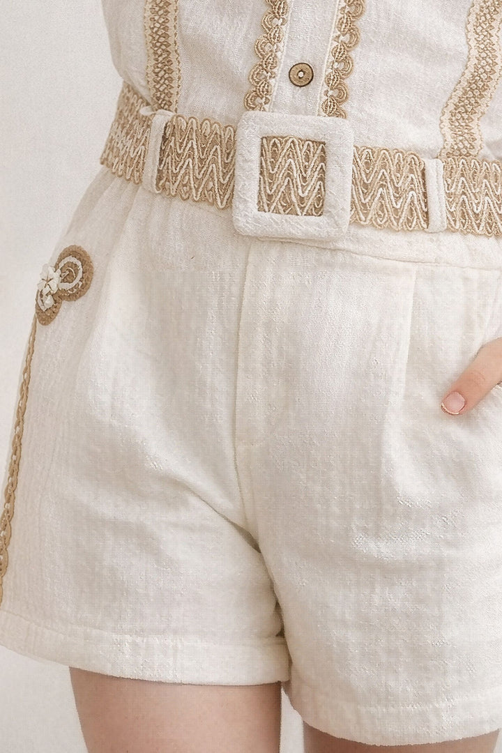 Cream Thread work Top and Shorts For Girls