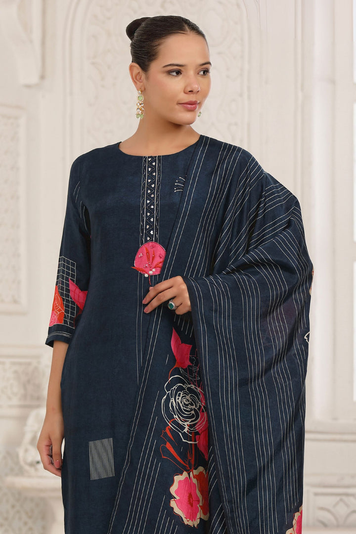 Teal Blue Beads and Sequins work with Digital Print Straight Kurta Set