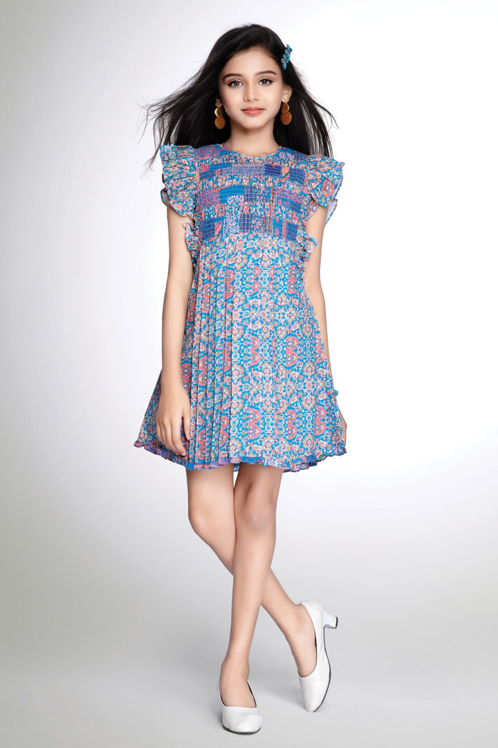 Blue Floral Print Casual Frock for Girls