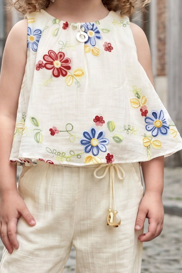 Cream Multicolor Embroidery Top and Palazzo Set for Girls
