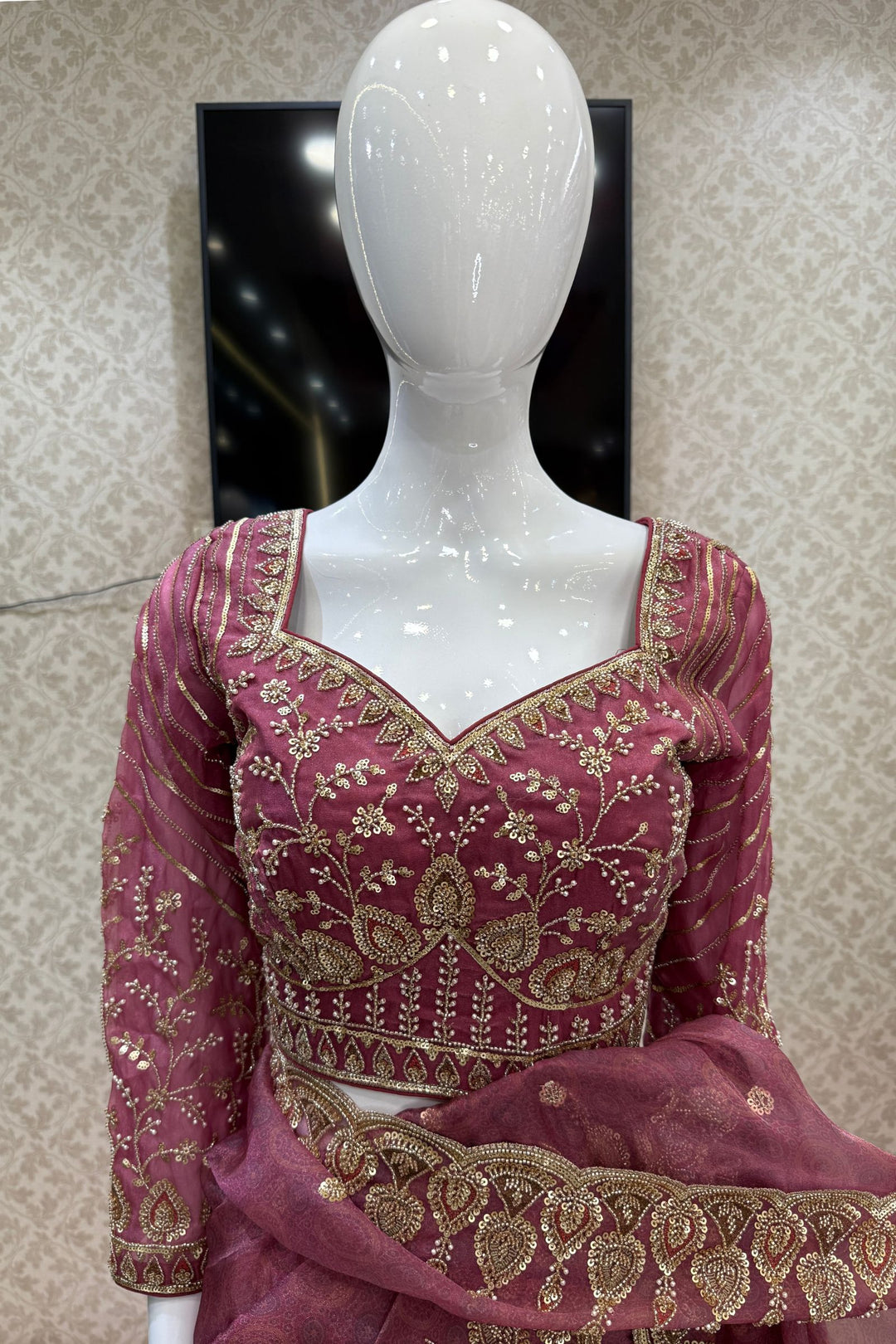 Onion Pink Pearls, Beads and Multicolor Thread work with Self Print Saree