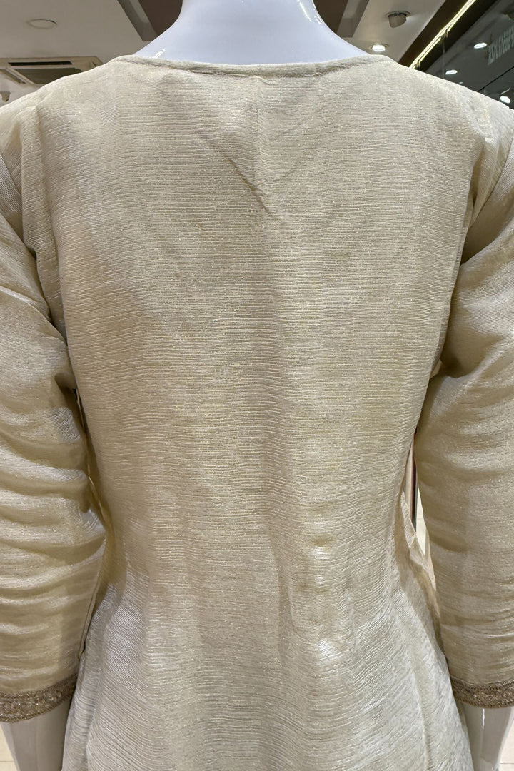 Beige Zari, Sequins and Thread work with Leheriya Print Palazzo Salwar Suit