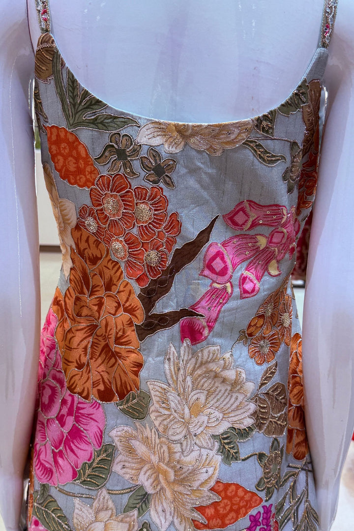 Aqua Blue Mirror, Sequins, Zari and Beads work with Floral Print Palazzo Salwar Suit