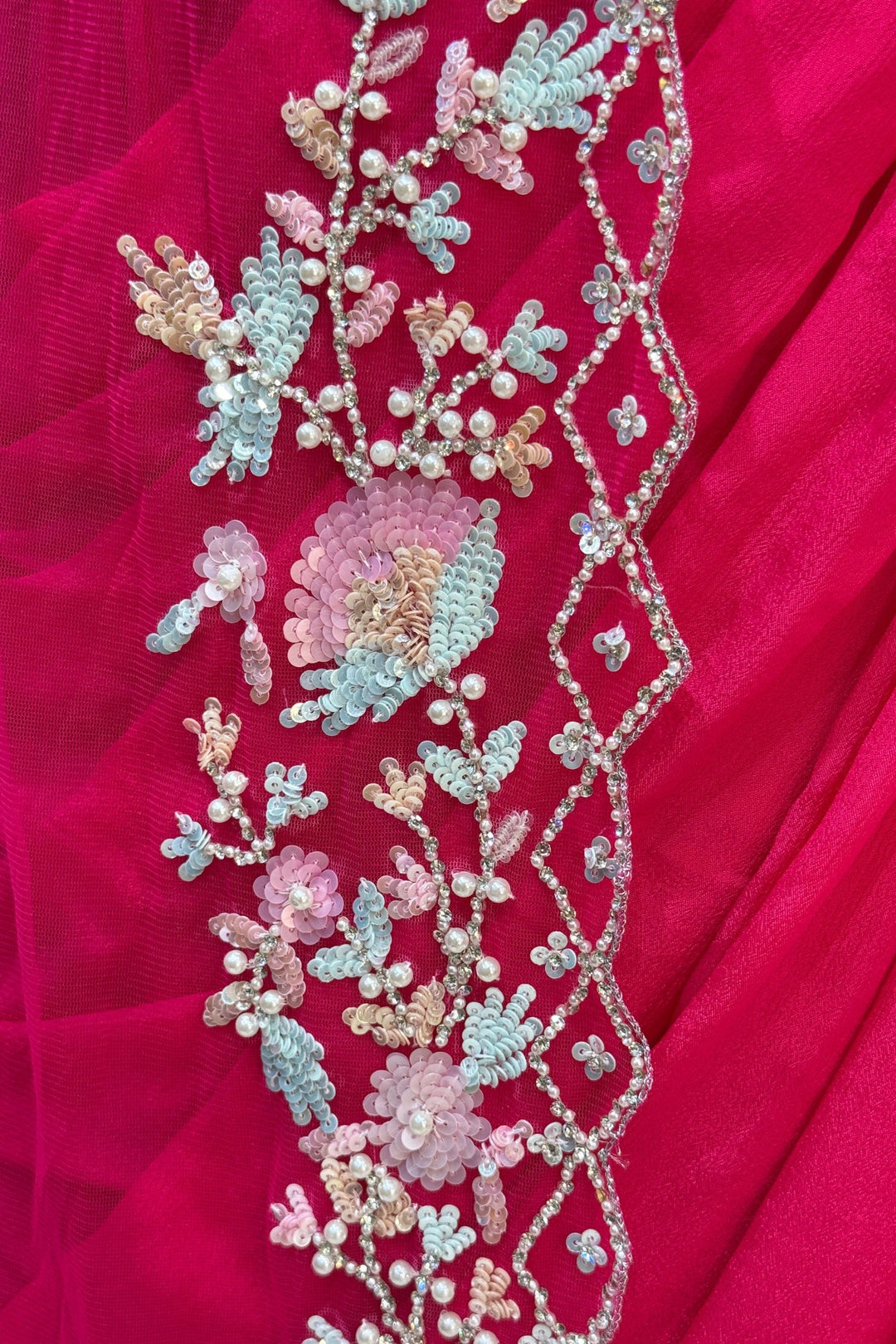 Rani Pink Sequins, Stone and Pearl work Indo-Western Styled Crop Top Lehenga  with Overcoat