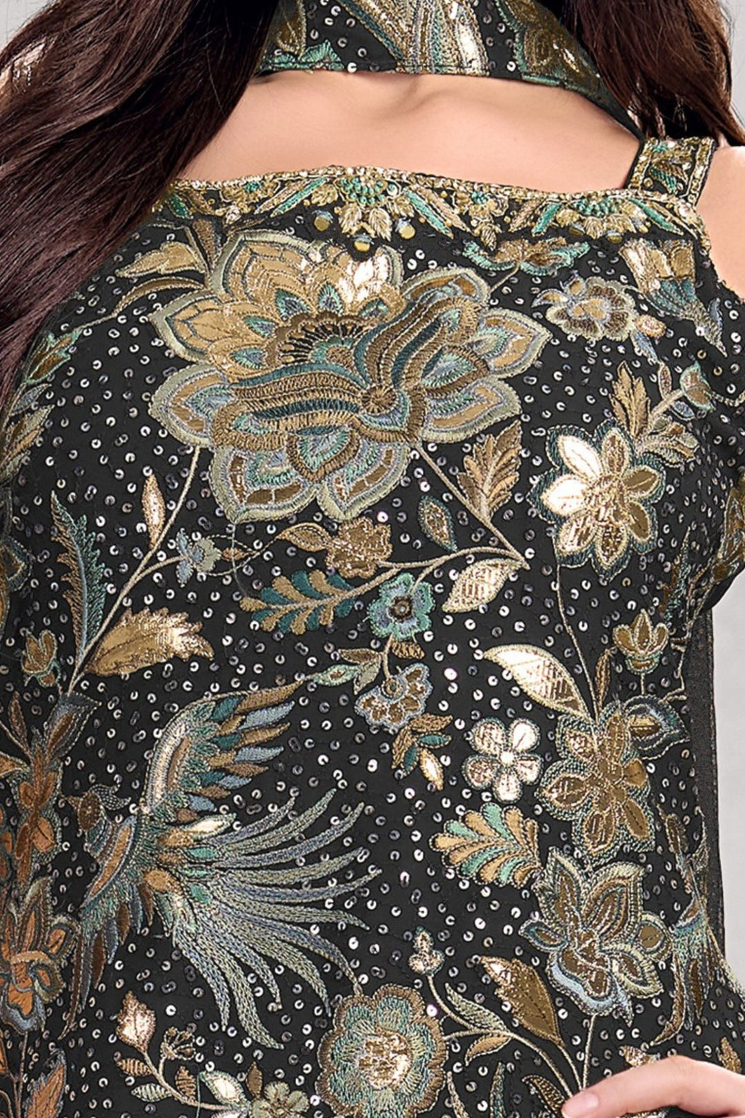 Black Embroidery, Zari, Sequins, Stone and Mirror work Sharara Suit Set for Girls