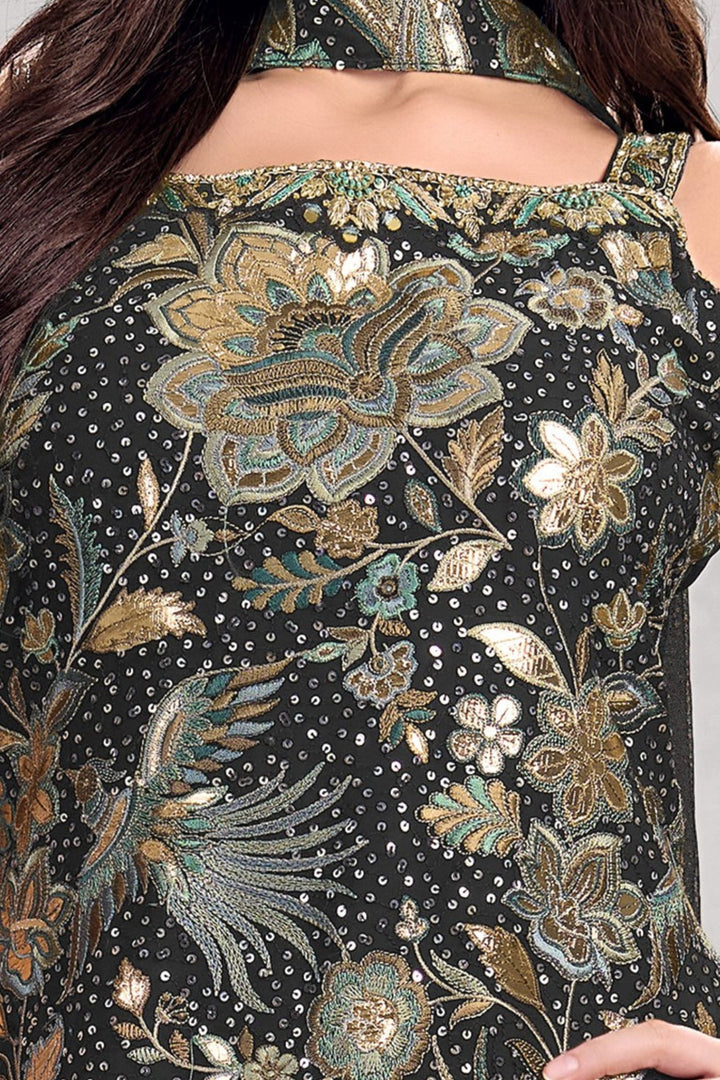 Black Embroidery, Zari, Sequins, Stone and Mirror work Sharara Suit Set for Girls